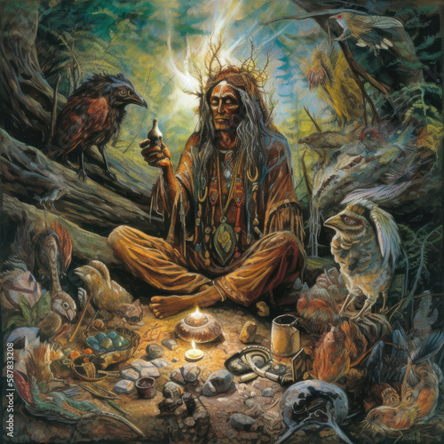 old spiritual shaman in the forest - by generative ai