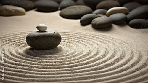 zen stones stack in sand garden - by generative ai 