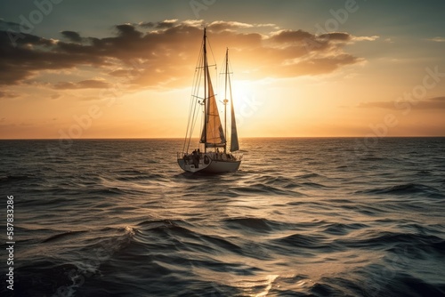 sailboat sailing at sunset in the open sea. Generative AI