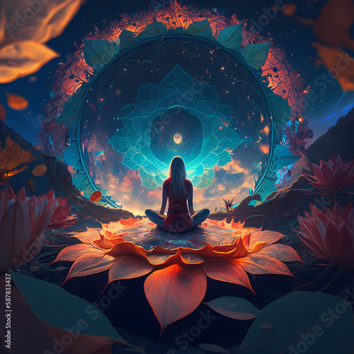 Women Meditation Chakra Universe. Generative AI