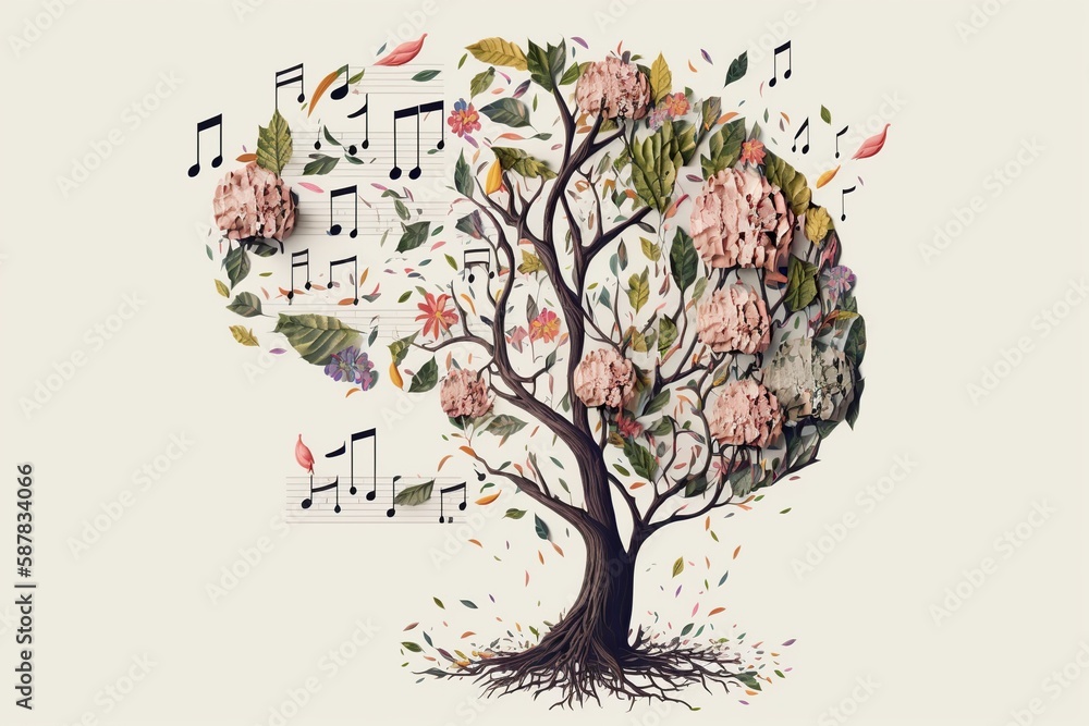 Human brain tree with flowers and music notes, created with Generative ...