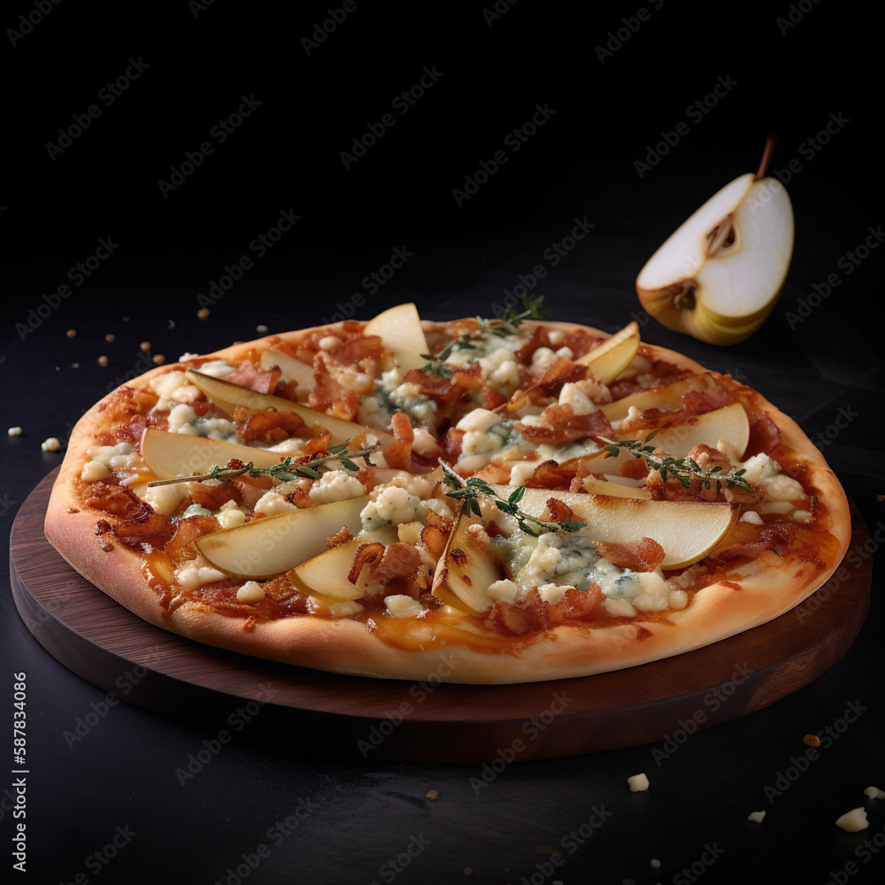 Pizza Birne e Gorgonzola - Eine Pizza mit Tomatensauce, Mozzarella-Käse ...