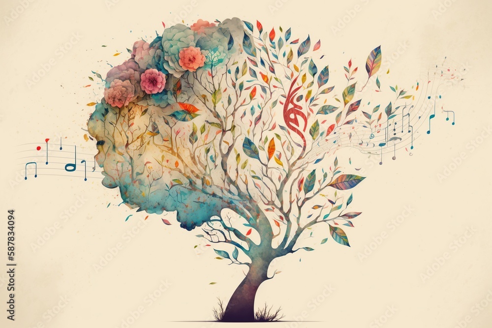 Human brain tree with flowers and music notes, created with Generative ...