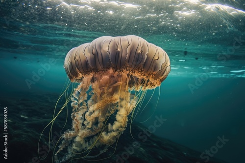 Fotografia, Obraz jellyfish floating on the surface of the water with its bell visible