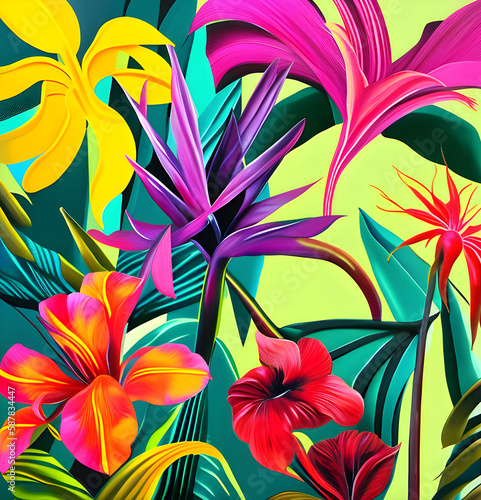 Colorful flowers on a green background. Generative Ai 