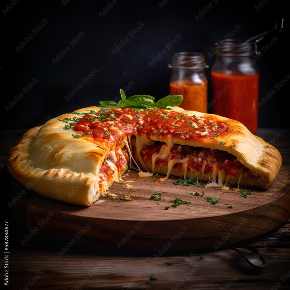 Calzone - Eine Art gefaltete Pizza, die mit Tomatensauce, Mozzarella ...