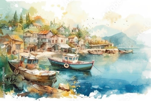 Illustration of boats docked in a colorful harbor painted in watercolor. Generative AI