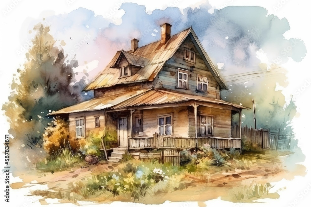 cozy house with a charming porch painted in delicate watercolors. Generative AI