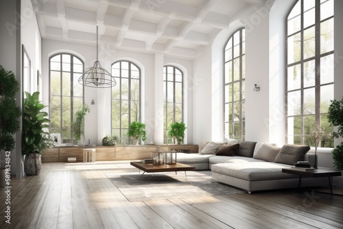 spacious and bright living room with ample natural light and cozy furniture. Generative AI © AkuAku