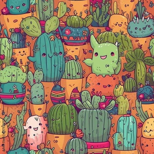 seamless pattern with cute cactus cartoons  generative ai  generative  ai