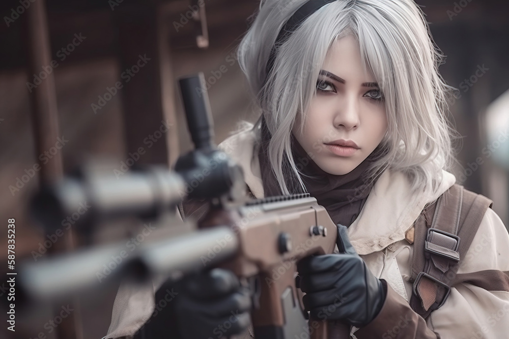anime woman with gun. generative AI anime woman with gun. generative AI