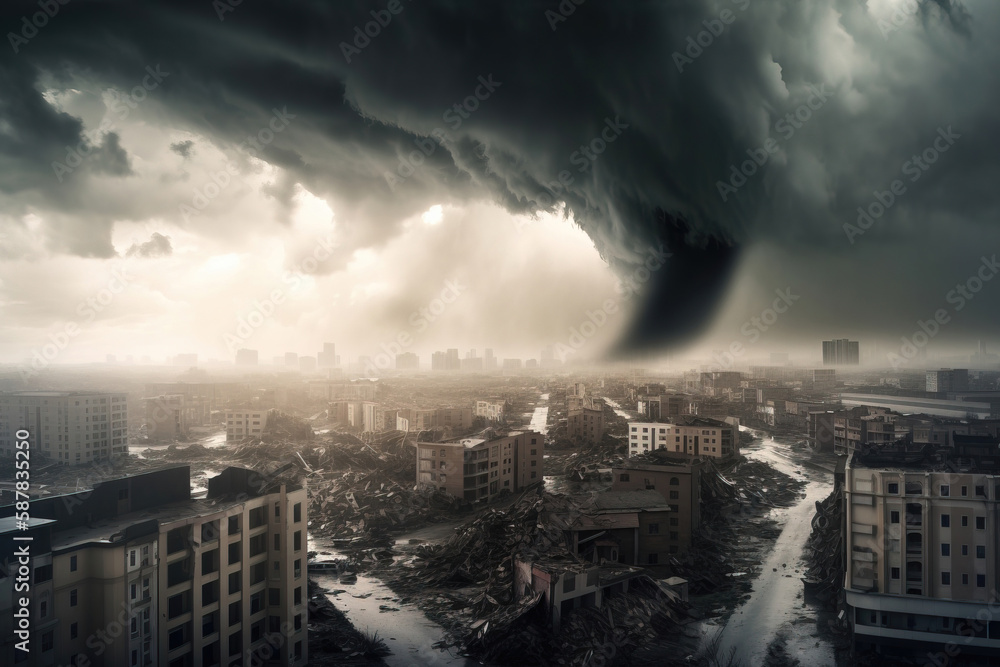 Hurricane and tornado destroy the city, disaster and chaos. generative AI