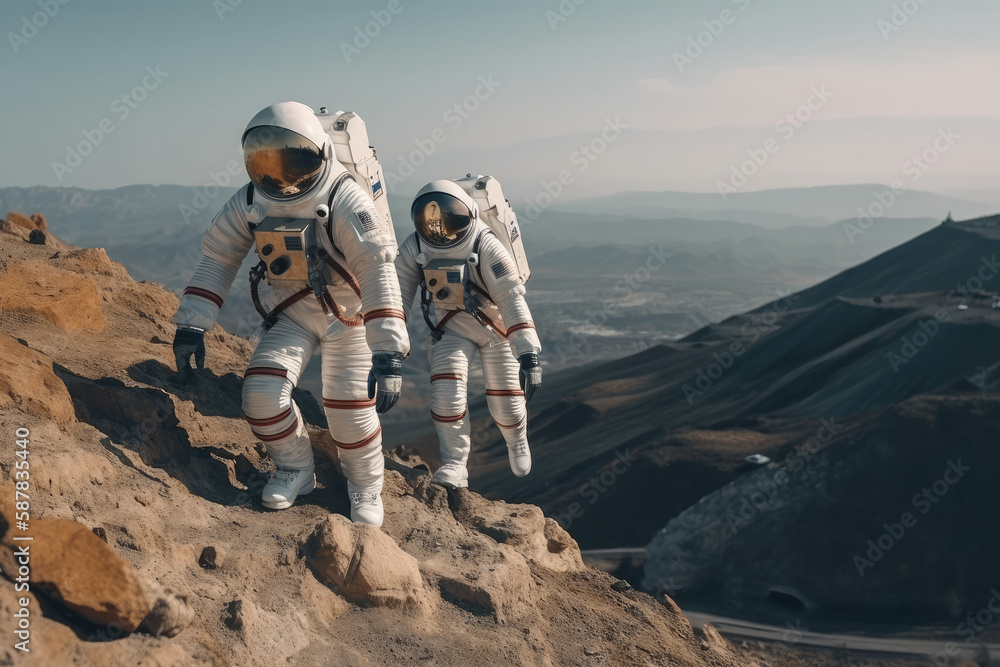 Astronauts explore on alien planet. Astronauts explore on alien planet.