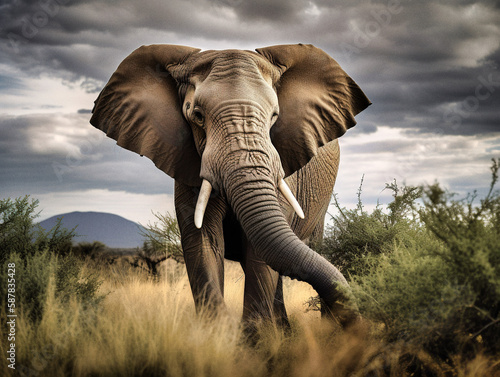 Majestic Elephant in the Savanna - generative ai © Uolir