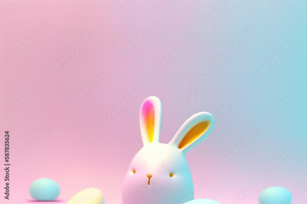 Cute minimalist bunny with pastel blue pink and yellow easter eggs, Pink and blue abstract holographic background, 3D bunny white and orange
