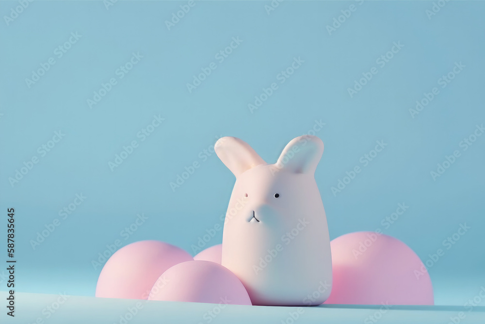 cute bunny figurine on the blue background with pink eggs cute bunny figurine on the blue background with pink eggs