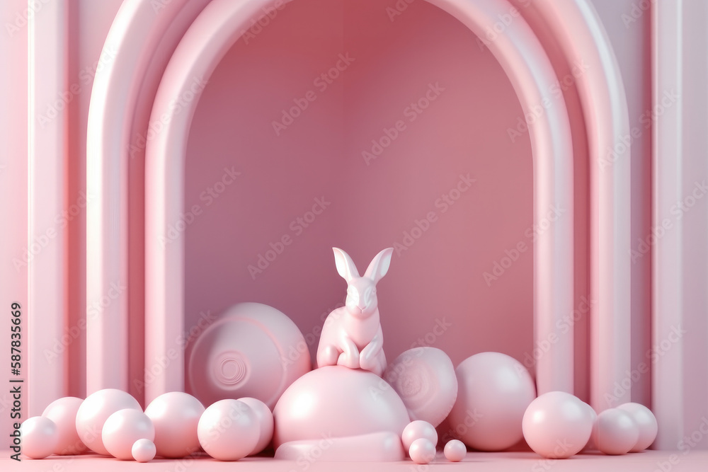 Styled pink monochrome of pink easter eggs and bunny rabbit under a ...