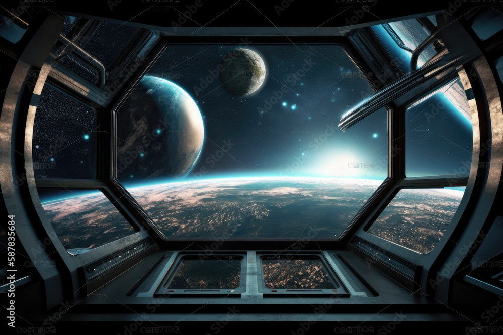 Looking out at space and planets from the window of the space station. Looking out at space and planets from the window of the space station.