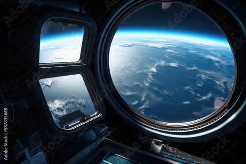 Looking out at space and planets from the window of the space station.