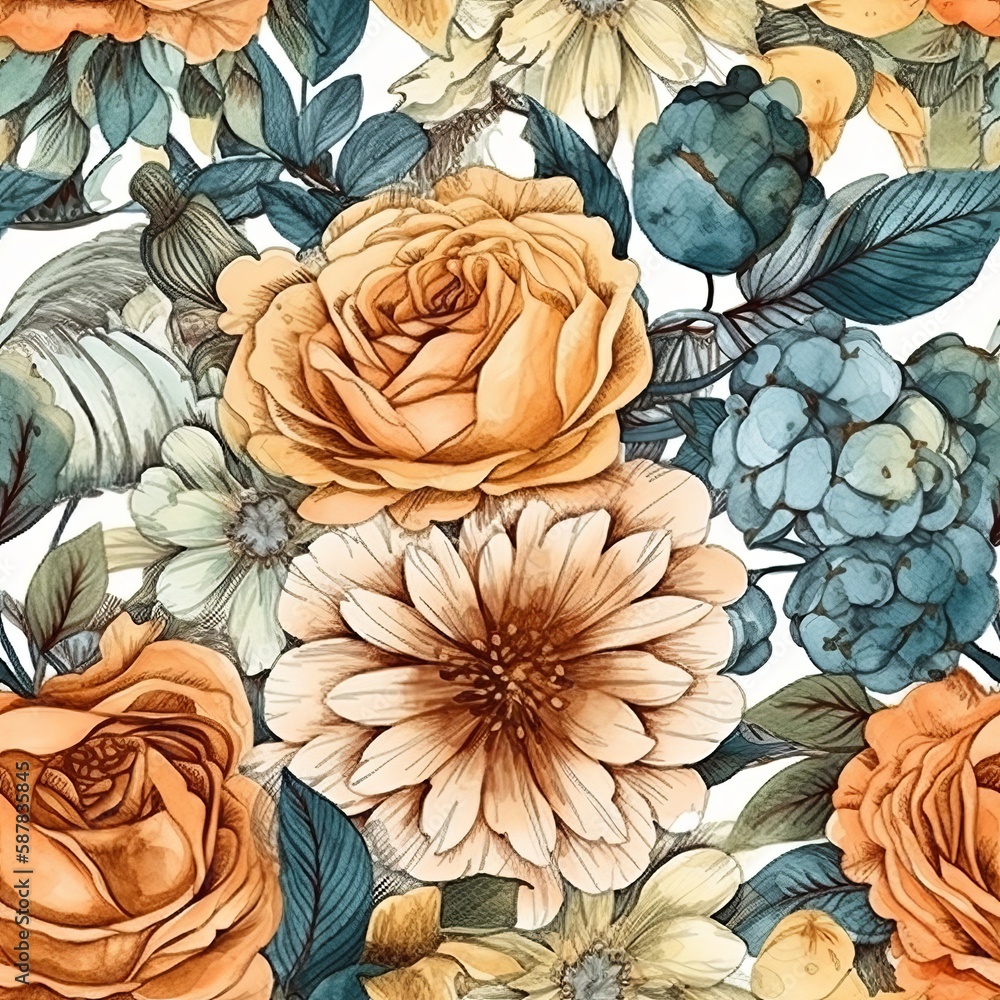 seamless pattern with flowers, water color, generative ai, generative, ai seamless pattern with flowers, water color, generative ai, generative, ai