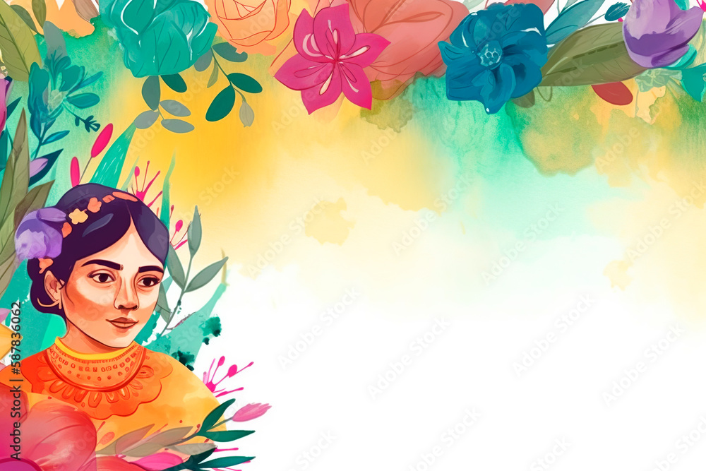 Hispanic woman, colorful mother’s day watercolor painting banner with flowers, generative AI