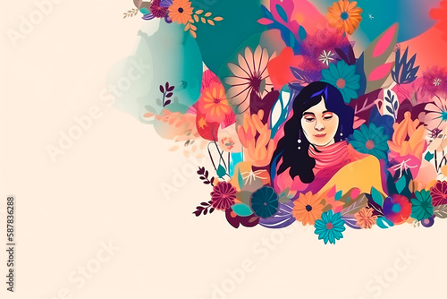 Hispanic woman, mother’s day watercolor painting banner with flowers, generative AI