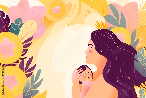 Hispanic woman with a child  mother   s day watercolor painting banner with flowers  generative AI