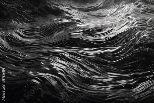 Illustration of black and white ocean waves crashing on a rocky shore. Generative AI