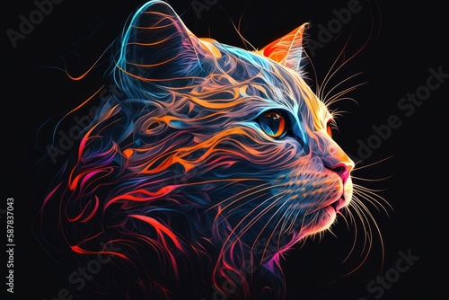 colorful abstract face portrait of a feline cat on a dark background, generative ai, generative, ai