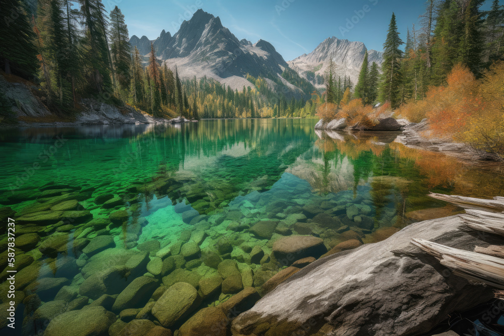 A natural wonderland with rugged rocky mountains of towering peaks the shimmering alpine lakes reflect the verdant forests as the white haze layers spread across the landscape。