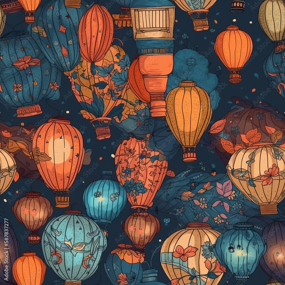 seamless pattern with sky lanterns, generative ai, generative, ai
