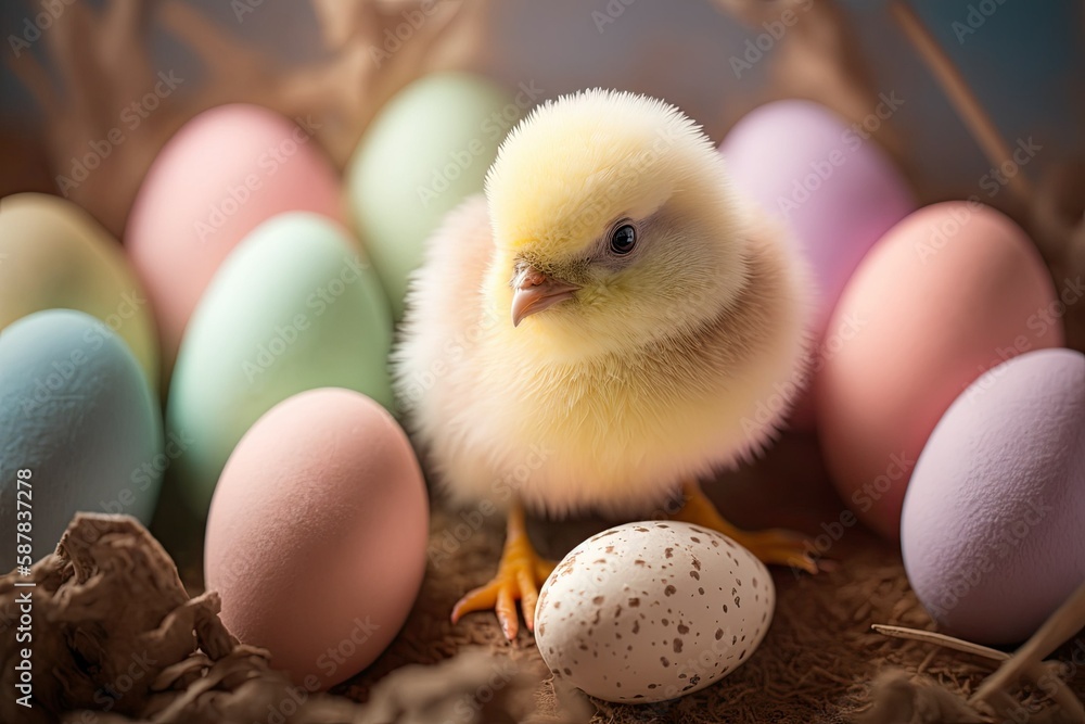 pastel colored easter eggs and a yellow cute baby chicken, generative ai, generative, ai