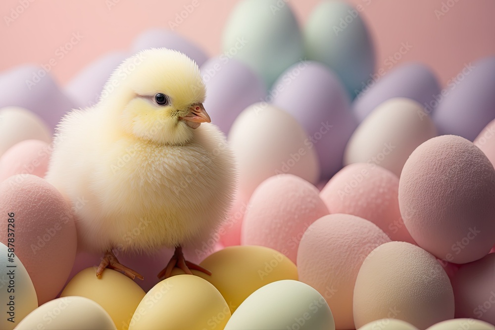 pastel colored easter eggs and a yellow cute baby chicken, generative ai, generative, ai