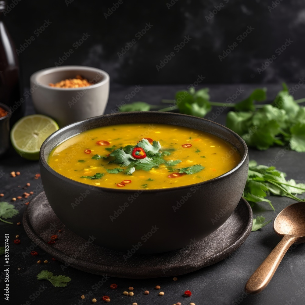 Steaming Hot Bowl of Dal Soup with Colorful Garnishes in India - Perfect for Indian Cuisine Ads