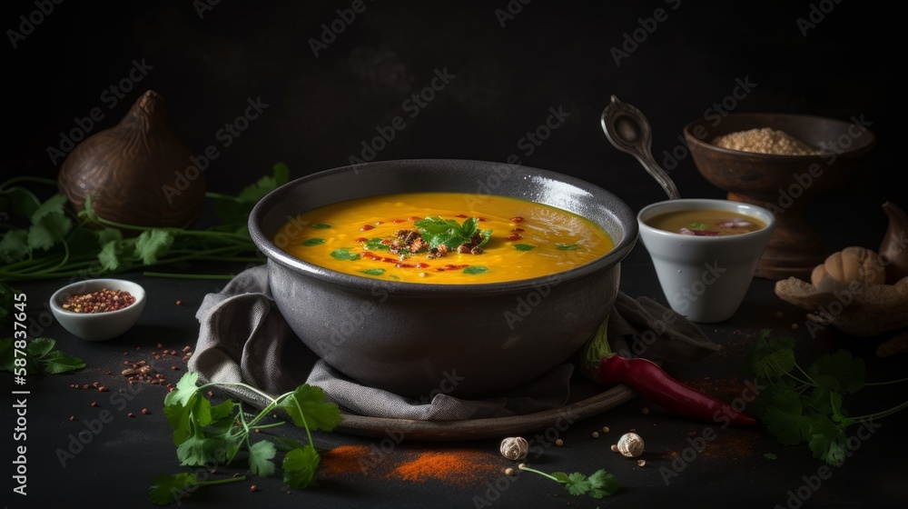 Steaming Hot Bowl of Dal Soup with Colorful Garnishes in India - Perfect for Indian Cuisine Ads Steaming Hot Bowl of Dal Soup with Colorful Garnishes in India - Perfect for Indian Cuisine Ads