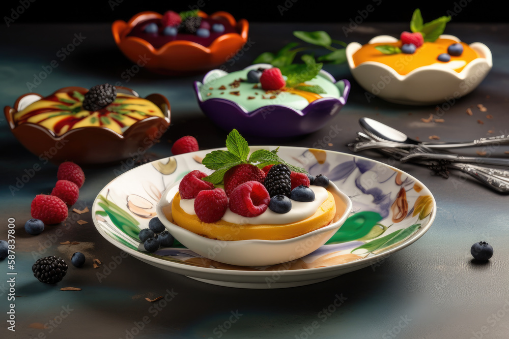 A captivating image of a unique and innovative creamy dessert with exotic flavors. A captivating image of a unique and innovative creamy dessert with exotic flavors.