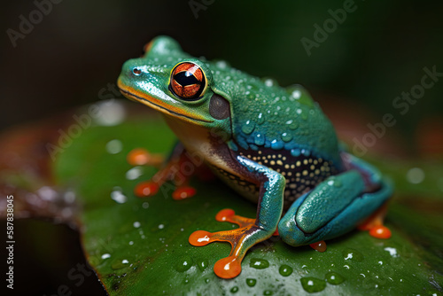 Vibrant frog on dew-kissed leaf
