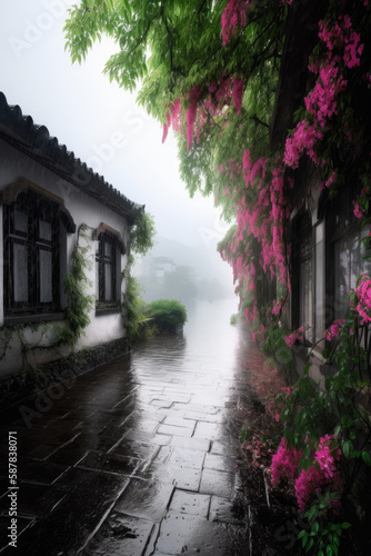 The scenery in the south of the Yangtze River in China, drizzle, white walls and black tiles, pink flowers.