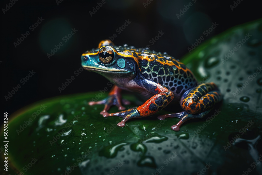 Obraz premium Vibrant frog on dew-kissed leaf