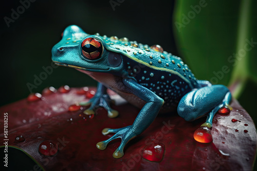 Vibrant frog on dew-kissed leaf
