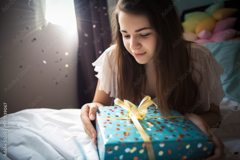 Young teenage girl getting her birthday present. High quality generative ai Young teenage girl getting her birthday present. High quality generative ai