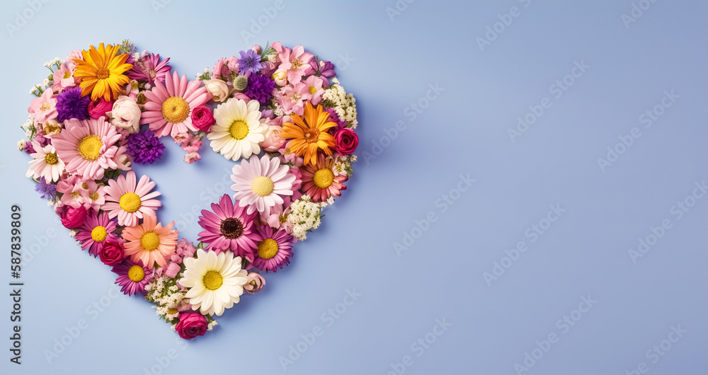 Heart shaped with colorful flowers on pastel isolated background.Top view.Copy and text space.Created with generative ai