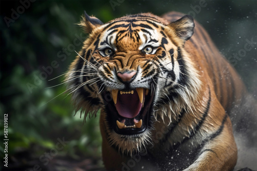 A roaring tiger in the jungle.Front view.Created with generative ai