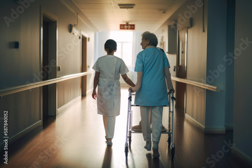 Young nurse assisting an elderly woman with walking. High quality generative ai