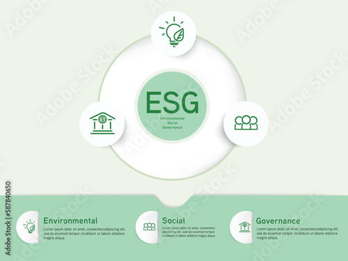 ESG business diagram infographic. Environment, Social, Governance, corporate sustainability performance for investment screening infographic