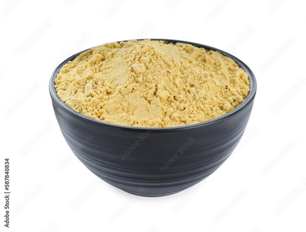 Aromatic mustard powder in bowl on white background Aromatic mustard powder in bowl on white background