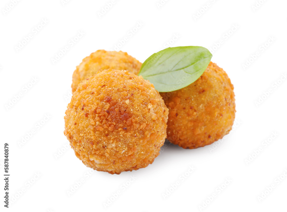 Delicious fried tofu balls and basil on white background Delicious fried tofu balls and basil on white background