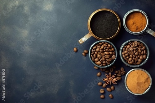 Coffee beans and ground coffee inside the container are placed on a dark cement floor. AI-generated images