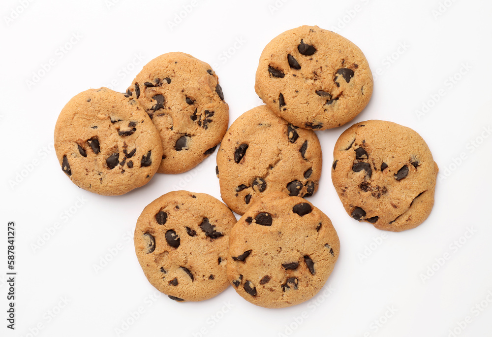 Many delicious chocolate chip cookies on white background, flat lay Many delicious chocolate chip cookies on white background, flat lay