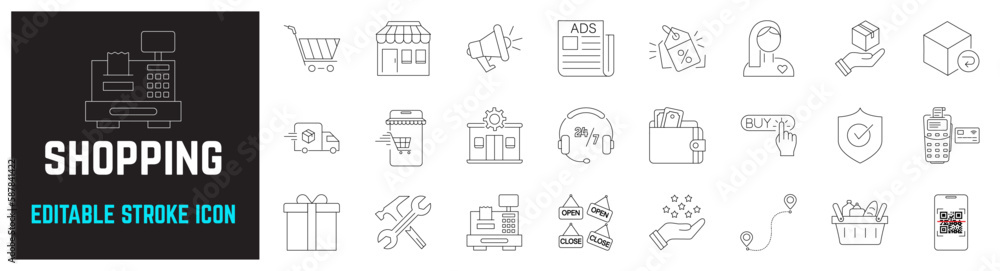 Shopping, retail thin stroke icons set. E-Commerce and retail outline icons collection. Ads, Discount, offers, customer care, product return, delivery, billing, cash register - Editable line icons set Shopping, retail thin stroke icons set. E-Commerce and retail outline icons collection. Ads, Discount, offers, customer care, product return, delivery, billing, cash register - Editable line icons set